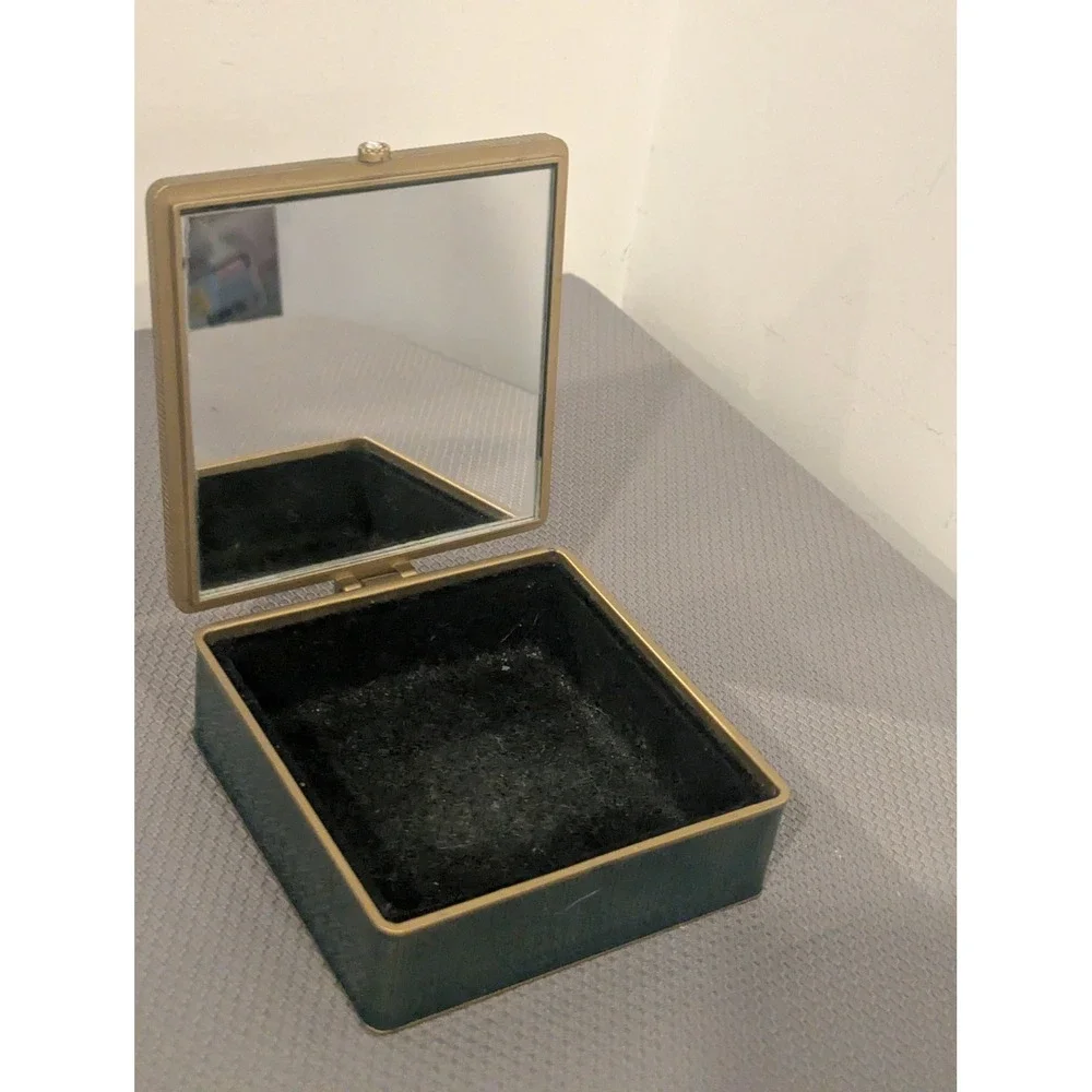 Vintage Enamel Floral Trinket Box Teal Rhinestone Inlay Mirrored Jewelry Case